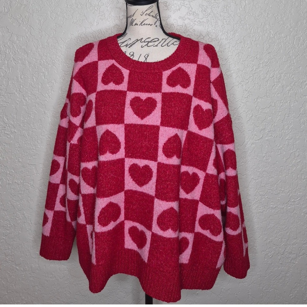 Torrid Red Pink Checkered Heart Intarsia Knit Sweater Plus Size 2 (2X) Pullover